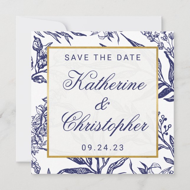 Carte Chic Navy Blue Gold Botanical Enregistrer la date  (Devant)