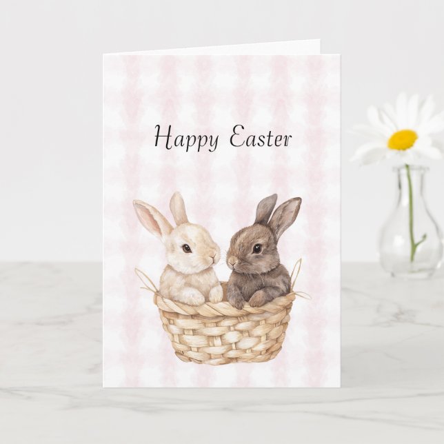 Carte Chic Pink Plaid Stripes Bunnies dans le panier Pâq (Petite plante)