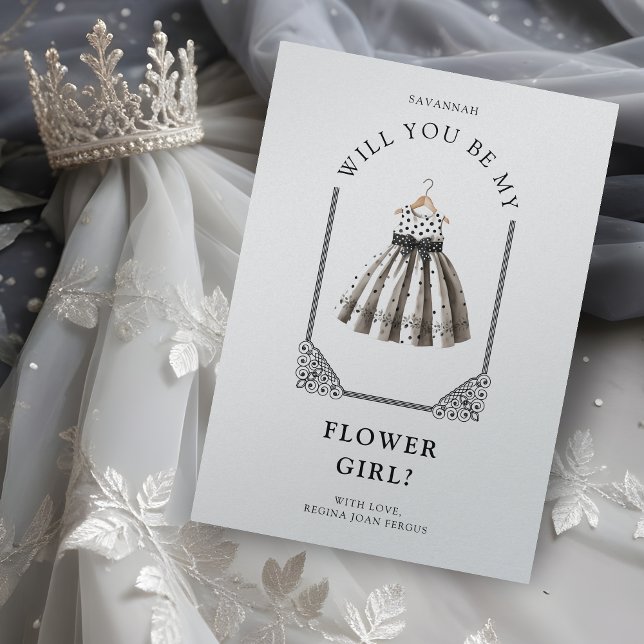 Carte Chic Polka Dots Flower Girl Dress Ornate Dome (Luxurious Chic Black & White Polka Dots Flower Girl Dress on an Ornate Dome Effect Proposal Card.)