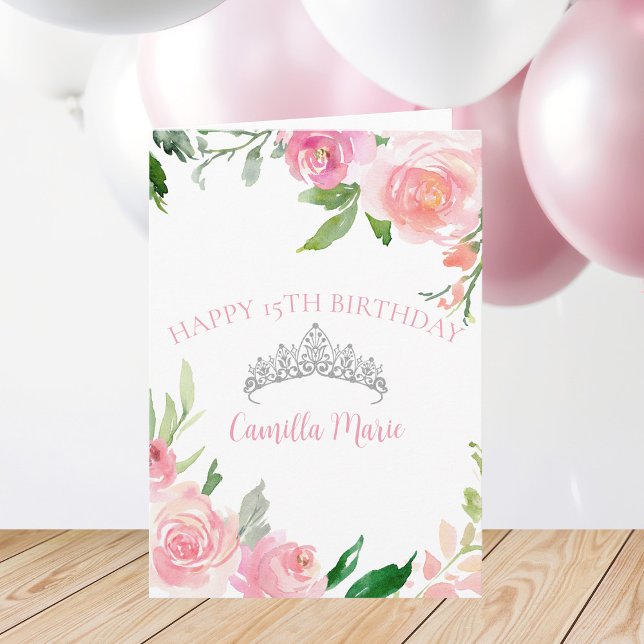 Carte Chic rose floral argent Tiara Quinceañera Annivers (Créateur téléchargé)