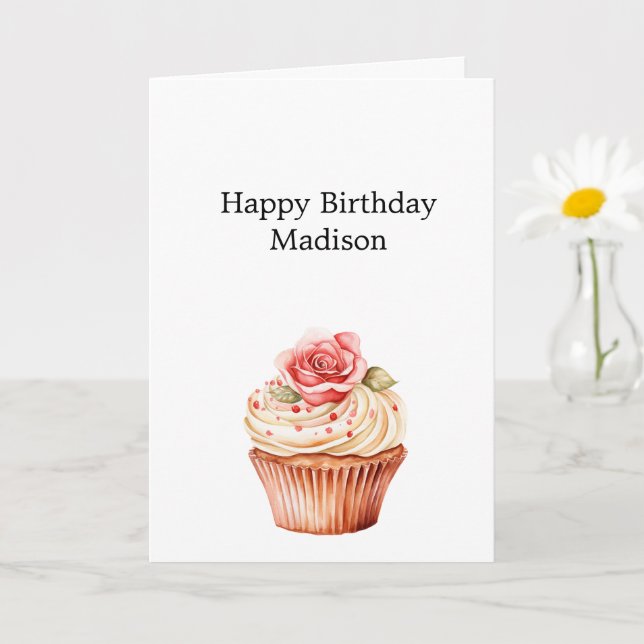Carte Chic Rose rose rose floral Cupcake Anniversaire (Petite plante)