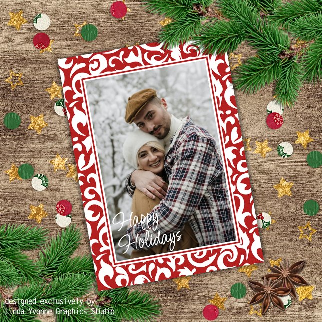 Carte Chic rouge foncé blanc Damas Floral Art Motif (Créateur téléchargé)