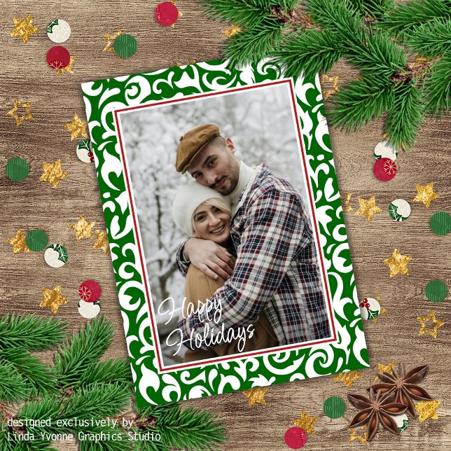 Carte Chic Vert foncé blanc Damas Floral Art Motif (Créateur téléchargé)