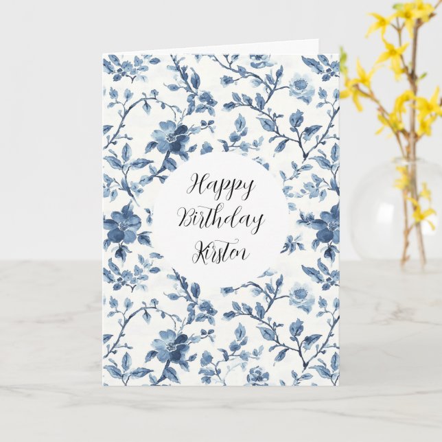 Carte Chic White Blue Floral Birthday (Fleur jaune)