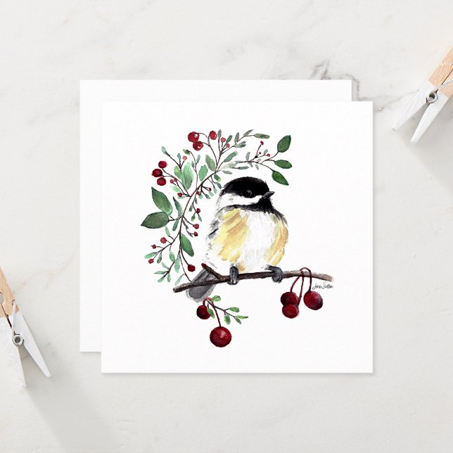 Carte Chickadee Cute Bird Aquarelle (Cute Chickadee Watercolor With Greenery by Jenn Steffen Art)