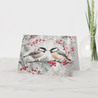 Carte Chickadee vintage aux flocons de neige et aux baie