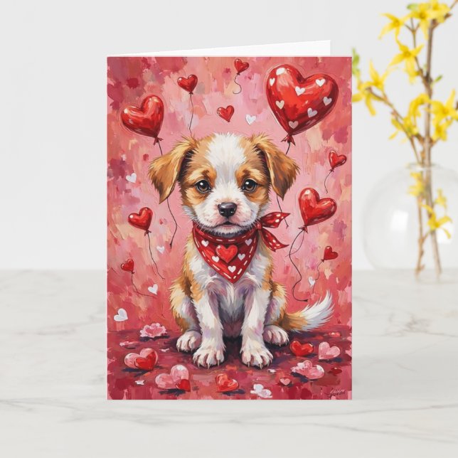 Carte Chien Akbash de la Saint-Valentin assis avec des c (Fleur jaune)