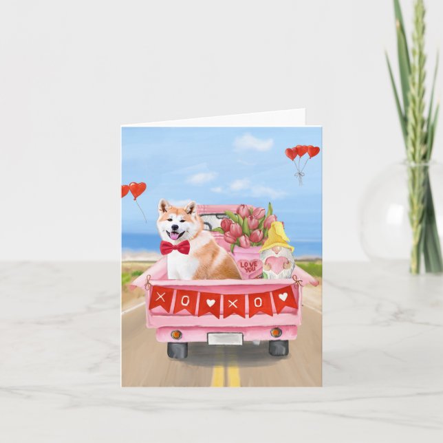 Carte Chien Akita Camion de la Saint-Valentin Cœurs  (Devant)