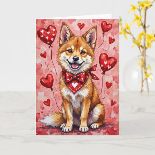 Carte Chien Akita de la Saint-Valentin avec des cœurs ro