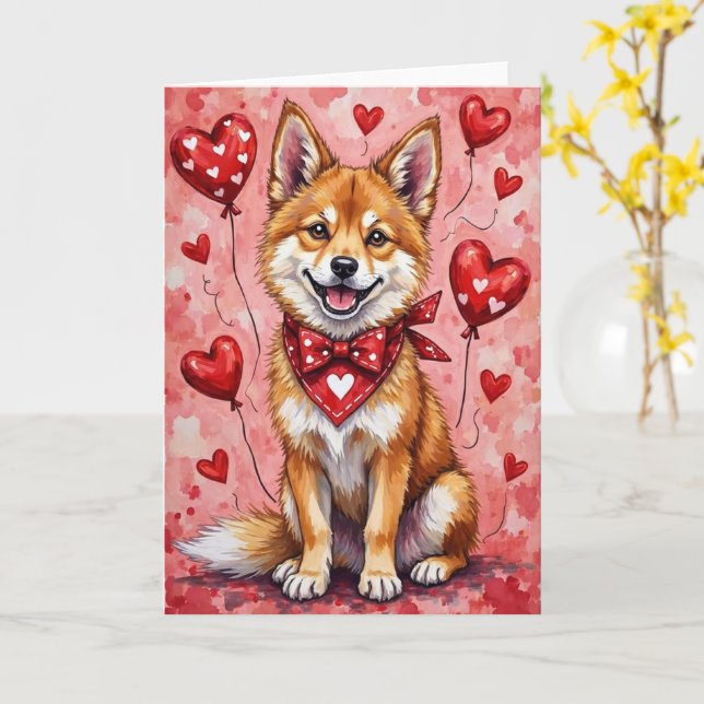 Carte Chien Akita de la Saint-Valentin avec des cœurs ro (Fleur jaune)