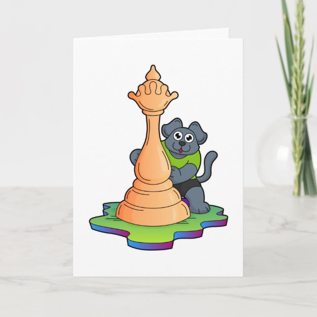 Carte Chien aux échecs avec pièce d'échecs Queen (Devant)