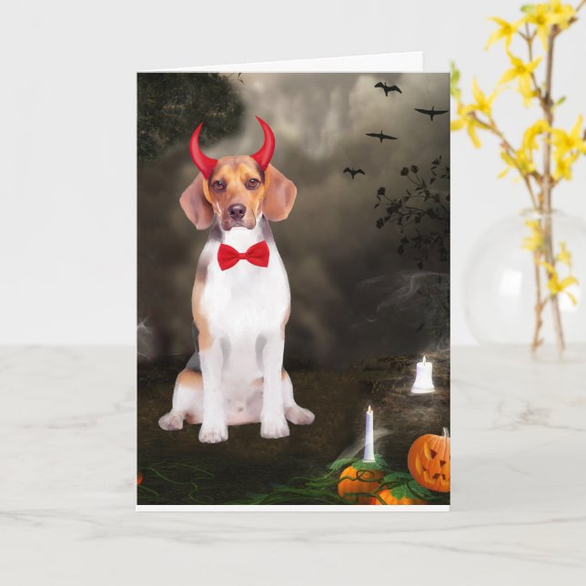 Carte Chien Beagle en costume d'Halloween  (Fleur jaune)