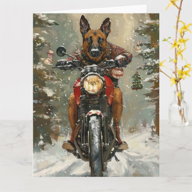 Carte Chien belge Malinoi équitation moto Noël (Fleur jaune)