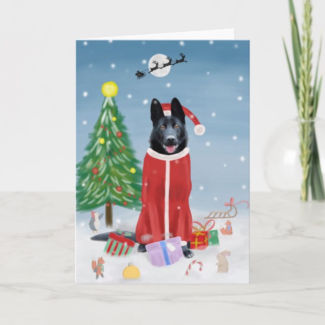 Carte Chien Berger Allemand noir dans les cadeaux de Noë (Devant)