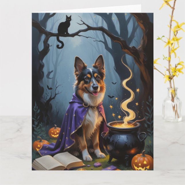 Carte Chien berger belge Peinture Whimsical Halloween (Fleur jaune)