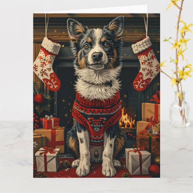 Carte Chien Blue Heeler avec des cadeaux de Noël Cheminé (Fleur jaune)