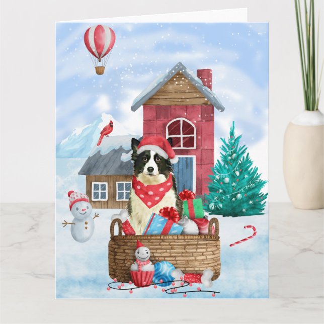 Carte Chien Border Collie dans la maison de Noël enneigé (Devant)