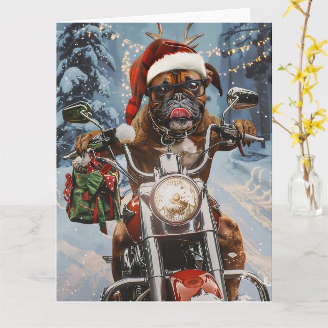 Carte Chien Boxer à Vélo Moto Noël  (Fleur jaune)