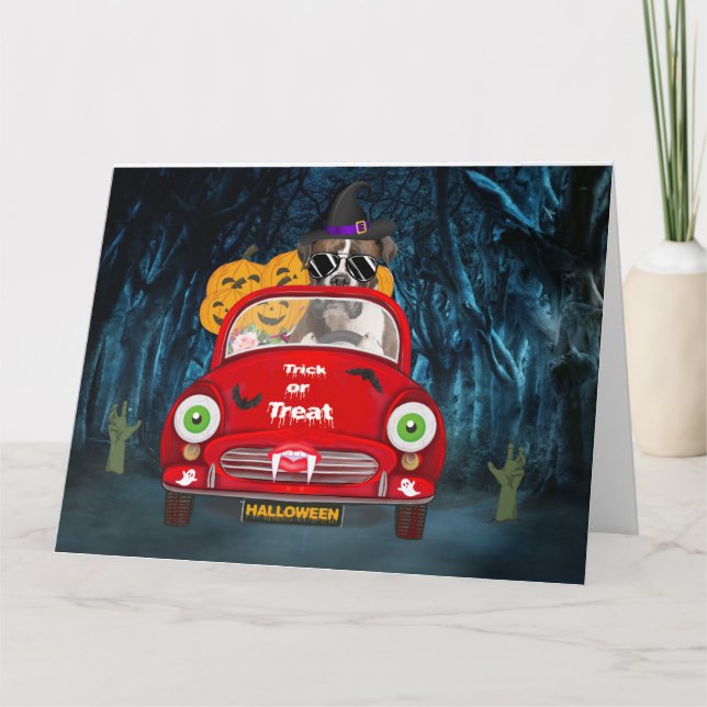Carte Chien Boxer Conduisant une Voiture Halloween Effra (Devant)