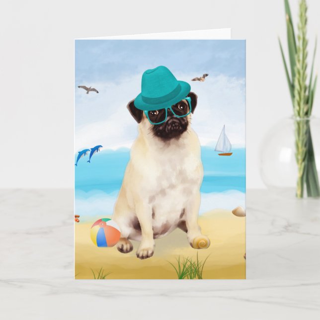Carte Chien carlin sur la plage (Devant)