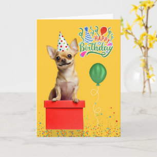 Carte Chien Chihuahua Brun Chapeau de Fête Jaune Anniver
