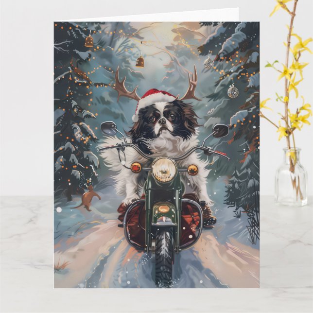 Carte Chien Chin japonais équitation moto Noël (Fleur jaune)