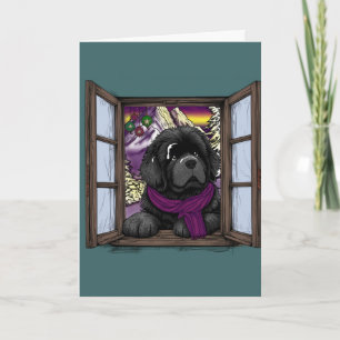 Carte Chien chiot à la fenêtre enneigée
