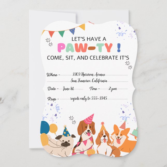 Carte Chien chiot Anniversaire Fête Chiot Paw-ty Invitat (Devant)