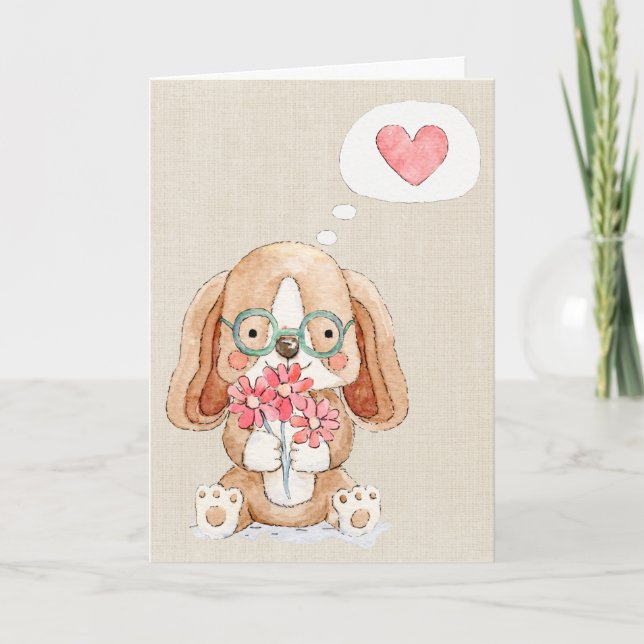 Carte Chien chiot avec fleurs pensant à vous (Devant)
