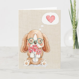 Carte Chien chiot avec fleurs pensant à vous