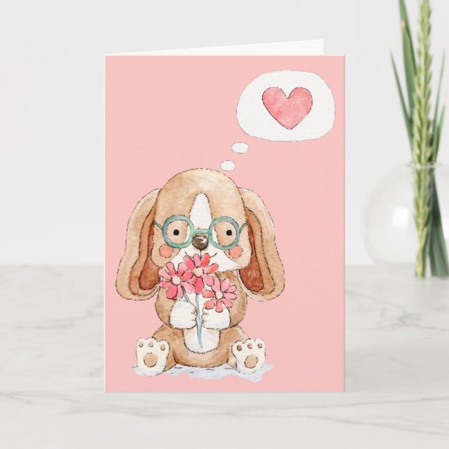Carte Chien chiot avec fleurs pensant à vous (Devant)
