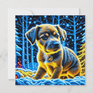 Carte Chien chiot mignon jouant à Noël de neige