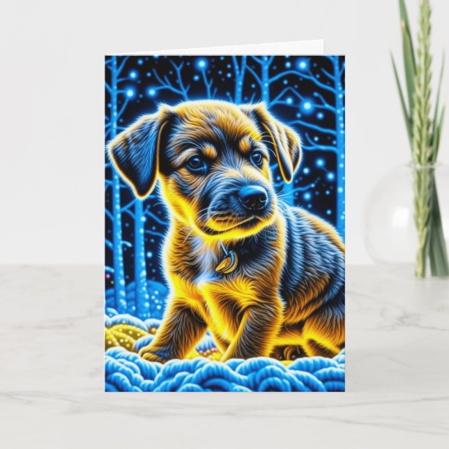 Carte Chien chiot mignon jouant à Noël de neige (Devant)