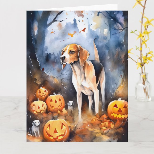 Carte Chien courant anglais américain Halloween avec des (Fleur jaune)