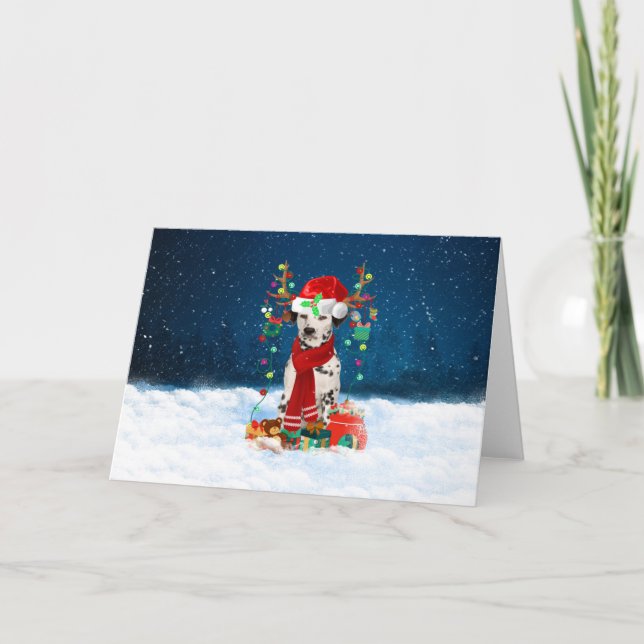 Carte Chien dalmate dans la neige avec des cadeaux de No (Devant)