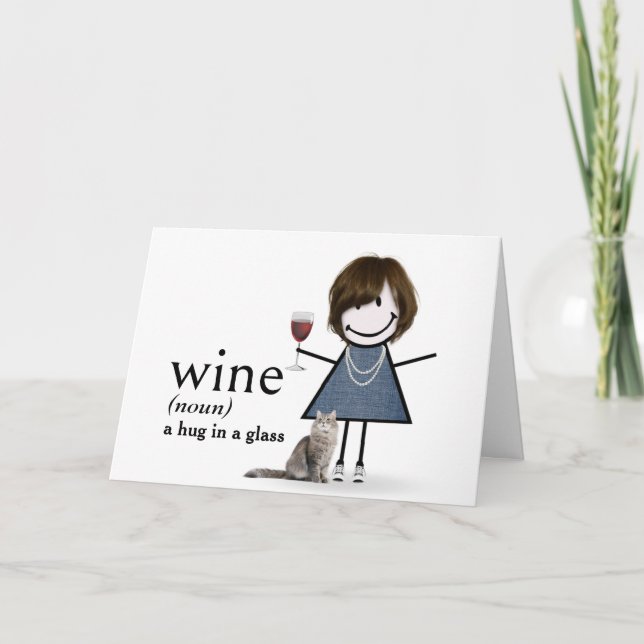 Carte Chien D'Anniversaire Fille Avec Vin Et Chat (Devant)