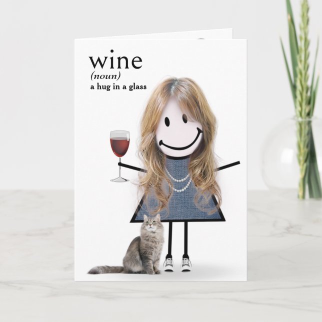 Carte Chien D'Anniversaire Fille Avec Vin Et Chat (Devant)