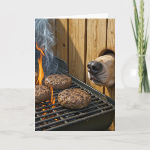 Carte Chien d'anniversaire reniflant des hamburgers sur