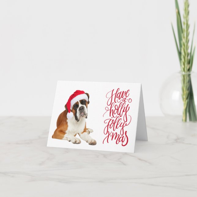Carte Chien de boîte Santa Chapeau ont Holly Jolly Xmas (Devant)