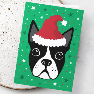Carte Chien de Boston portant le chapeau de Noël