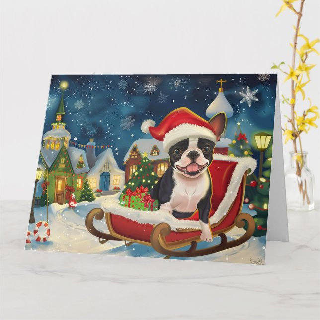 Carte Chien de Boston Terrier à Sleigh neige Noël (Fleur jaune)
