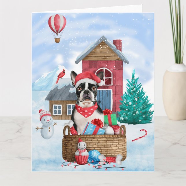 Carte Chien de Boston Terrier dans la neige Maison de Ch (Devant)