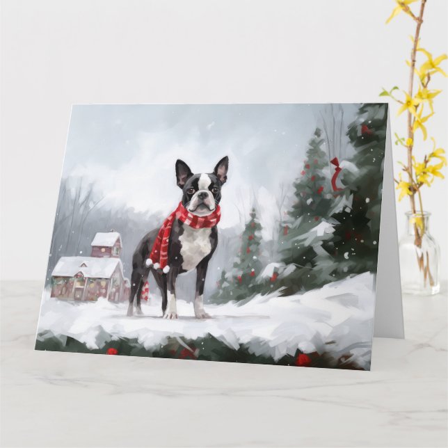 Carte Chien de Boston Terrier pendant Noël de neige (Fleur jaune)