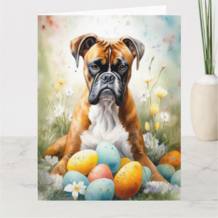 Carte Chien de boxe avec oeufs de Pâques vacances