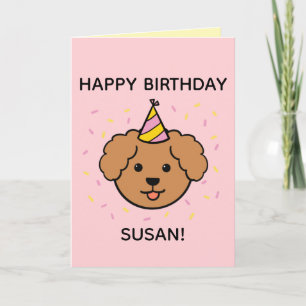 Carte Chien de caniche Anniversaire rose et jaune plié