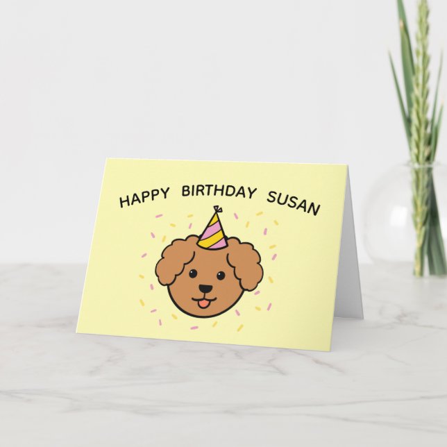 Carte Chien de caniche | Anniversaire rose et jaune plié (Devant)