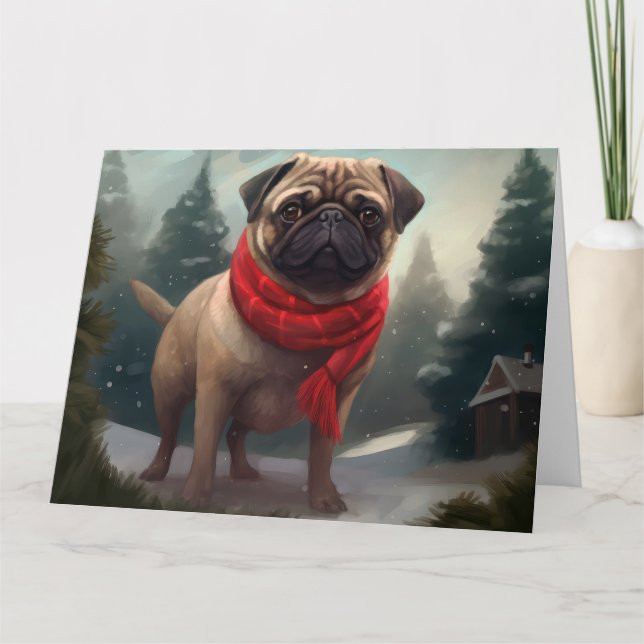 Carte Chien de carlin en Noël de neige (Devant)