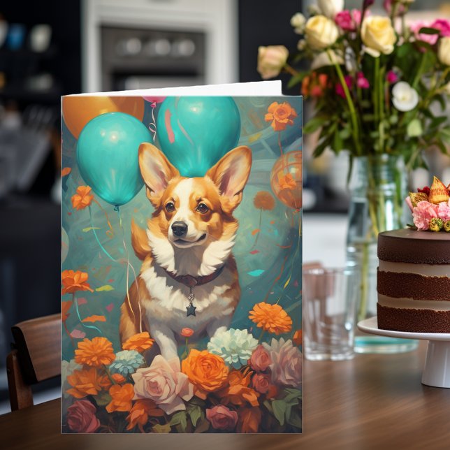 Carte Chien de Corgi avec Ballons Anniversaire (Créateur téléchargé)