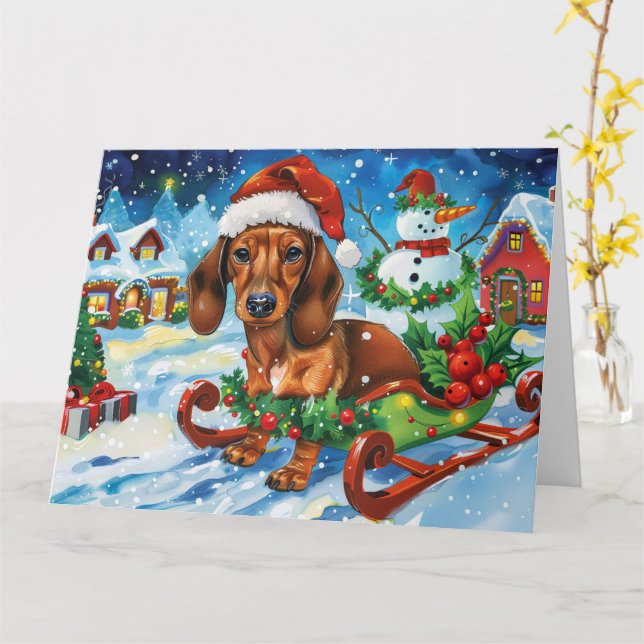 Carte Chien de Dachshund à Sleigh Noël de neige (Fleur jaune)