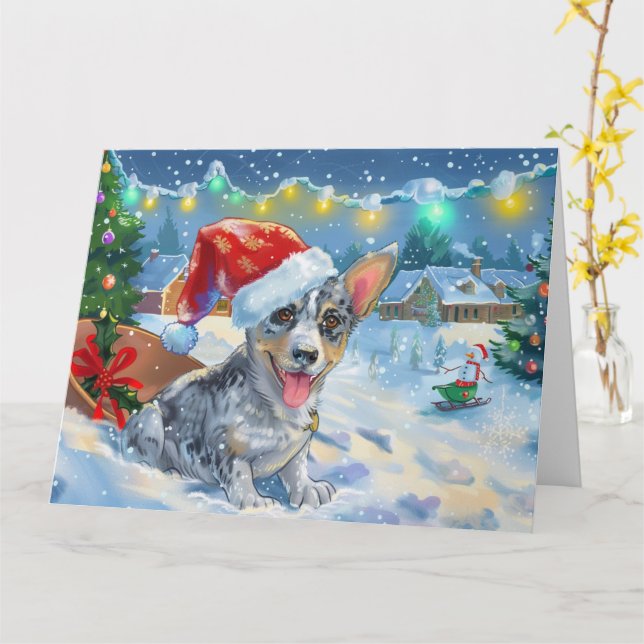 Carte Chien de Heeler bleu en neige dorée Noël (Fleur jaune)